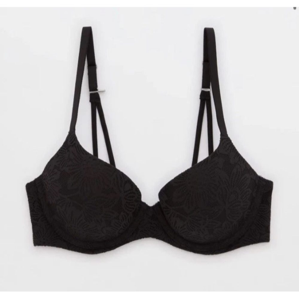 Aerie Sunnie Bloom Demi Push Up Lace Bra Black 34C Adjustable Straps NWT